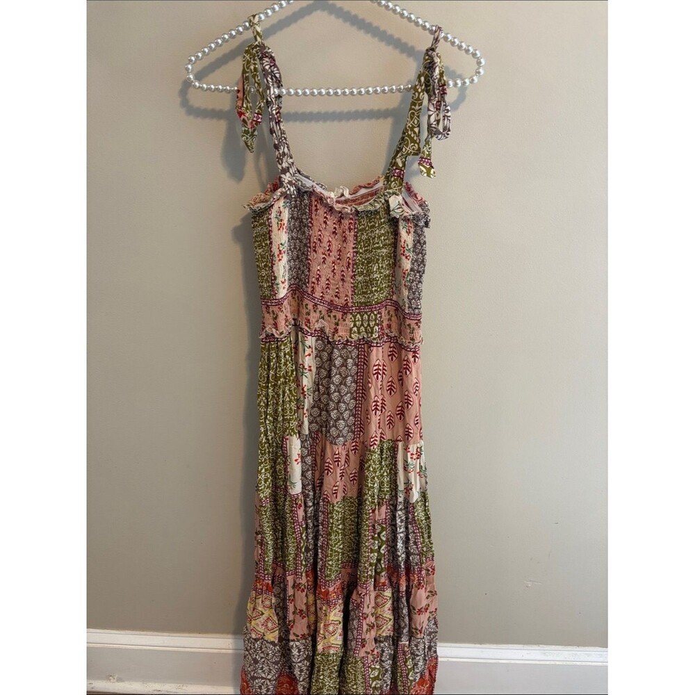 Abel The Label Patchwork Boho Maxi Dress Womens Small Smocked Tie Strap Rayon